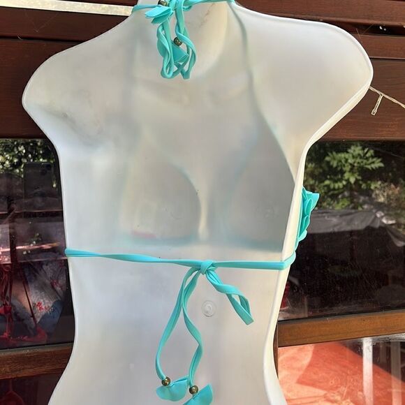 RUFFLE TRIANGLE BIKINI TOP SEAFOAM/MINT/TURQUOISE SMALL - Picture 5 of 6